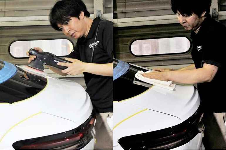 トヨタ　クラウン　クロスオーバー　トランク部　磨き施工　脱脂剤で拭き上げて傷の状態確認