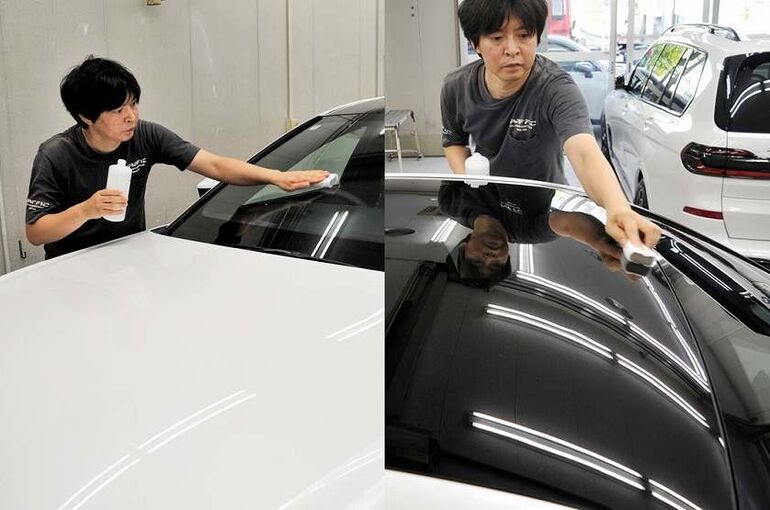 トヨタ　クラウン　クロスオーバー　フロントガラス、サンルーフ　ガラス撥水コーティング剤の塗布　