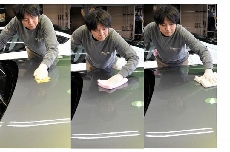 レンジローバー オートバイオグラフィ　磨き施工後　脱脂工程　ボンネット部