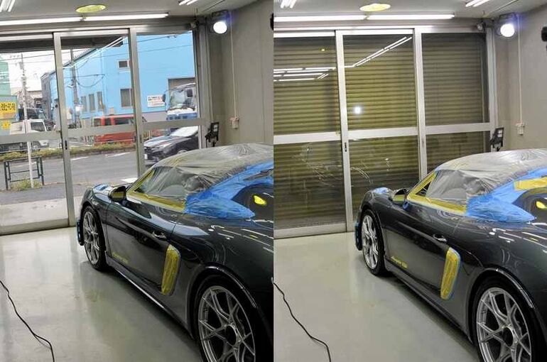 ポルシェ 718 スパイダーRS　トラフィックガラスコーティング施工　磨き施工前、シャッター閉めて外光を遮断