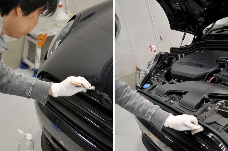 2.BMWミニ　カーコーティング施工中の画像　細部清掃