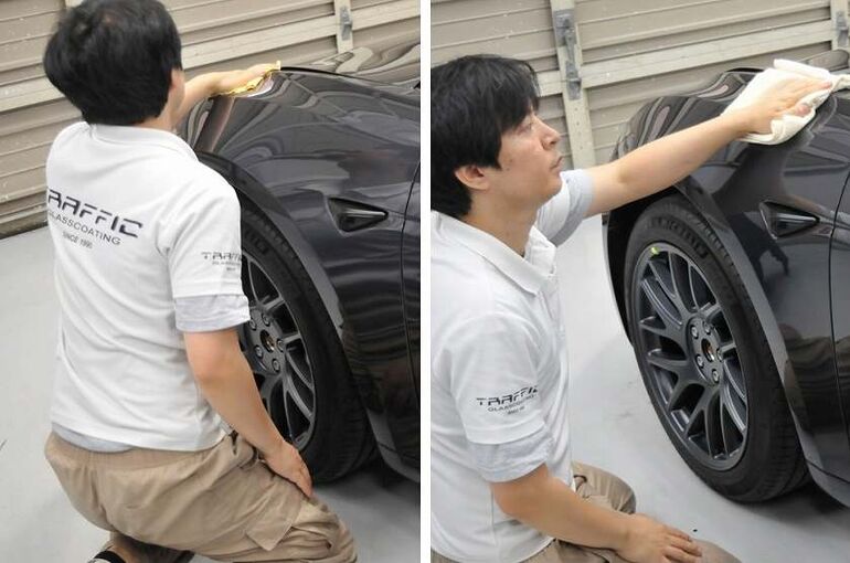 テスラモデル３のカーコーティング施工中の画像　ボディを脱脂している写真　左フロントフェンダー部